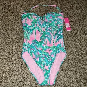 Lilly Pulitzer Pink and Green One Piece Swimsuit Tropical Print
